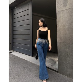 COCO SIN - Bodysuit Thun Đen Trẹt Vai Phối Khoen