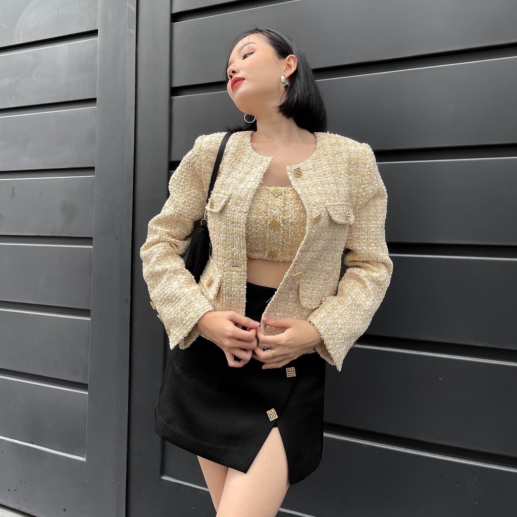 COCO SIN - Blazer Tweed Gold Đính Nút