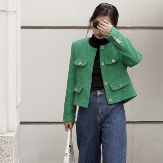 COCO SIN - Blazer Tweed Xanh Đính Nút