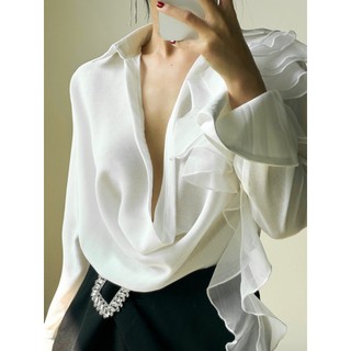 COCO SIN - Áo Tơ Trắng Cổ Đổ Tay Dài