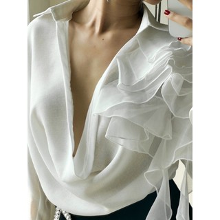 COCO SIN - Áo Tơ Trắng Cổ Đổ Tay Dài