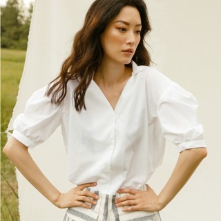 COCO SIN - Áo Sơ Mi Trắng Cổ V Tay Phồng