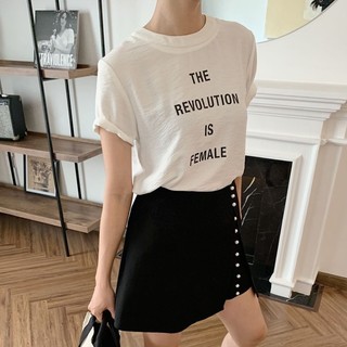 COCO SIN - Áo Lụa In Logo Trắng The Revolution Cổ Tròn