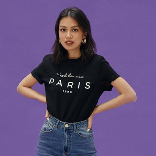 COCO SIN - Áo Lụa In Logo Paris Cổ Tròn