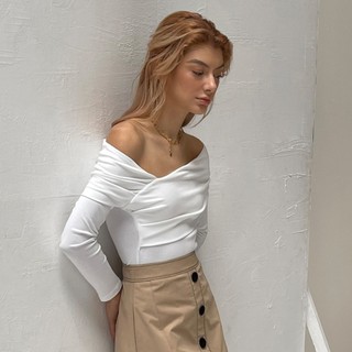 COCO SIN - Áo Kiểu Bodysuit Thun Trắng Lệch Vai