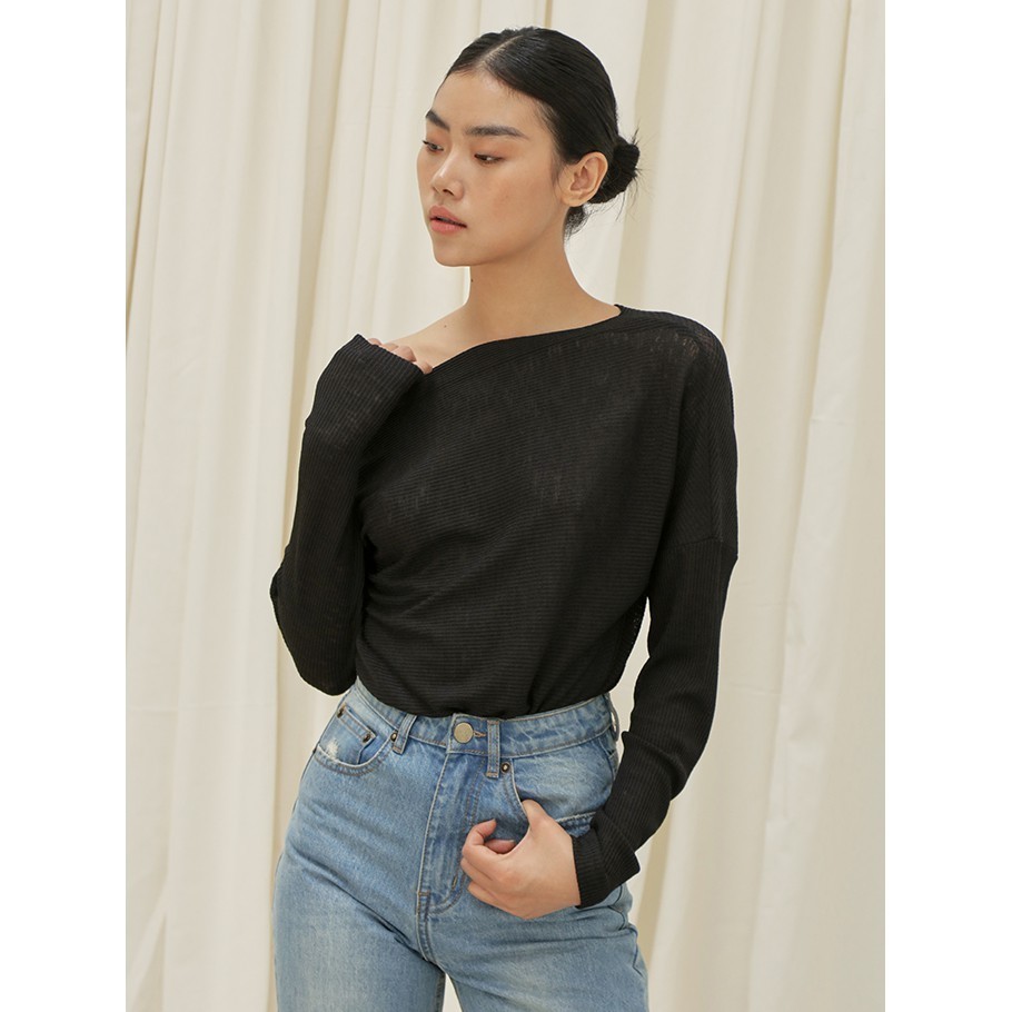 COCO SIN - Áo Dệt Kim Đen Lệch 1 Vai