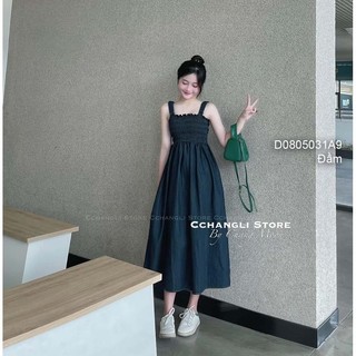 Đầm xòe jean nữ dáng dài nhún chun ngực 2 dây | PINKSHOP 1990