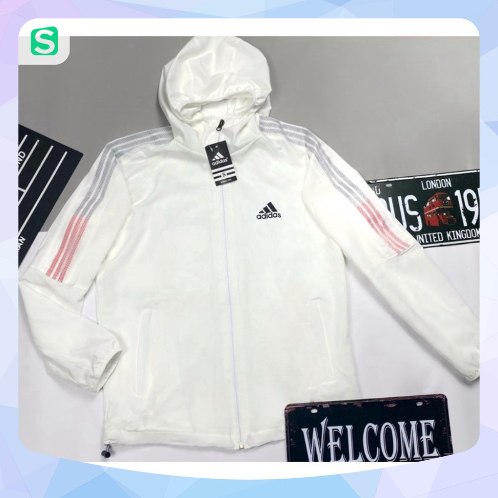 Xả Áo Khoác Dù Nhẹ Nam Nữ 2 Lớp Có Mũ Chống Nắng Màu Trắng 3 Sọc Adidas Thể Thao áo khoác gió Nam Nữ Form Xuông Có Dây R