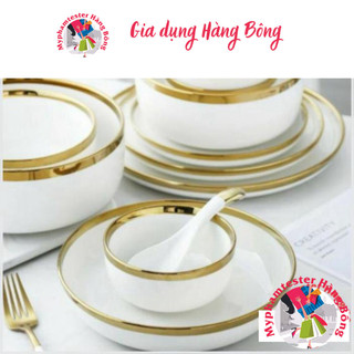 bộ chén bát đĩa ăn 32 chi tiết trắng viền vàng cao cấp