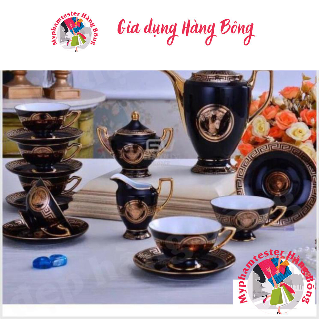 Bộ cà phê sứ xương Versace đen cao cấp