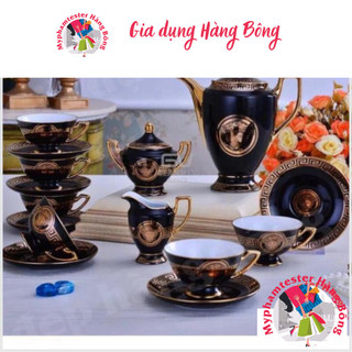 Bộ cà phê sứ xương Versace đen cao cấp
