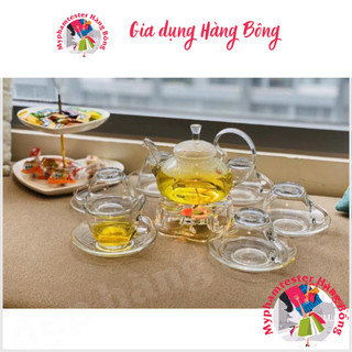 Bộ tách trà thủy tinh 600ml kèm đế nến, 6 ly và 6 đĩa