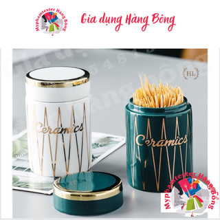 (HÀNG ĐẸP) Hộp đựng tăm tre sứ xương xanh trắng cao cấp