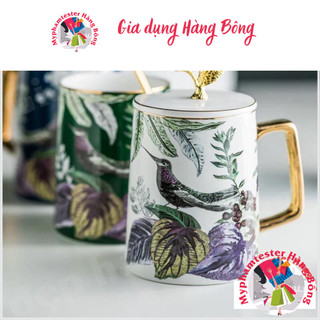 (HÀNG ĐẸP) Cốc sứ uống nước 3D tay kèm thìa vàng, 480ml