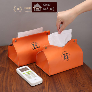 Hộp Da Herme | Hộp đựng giấy ăn để bàn chất liệu da PU cao cấp Home Luxury | Túi da màu cam họa tiết chữ H