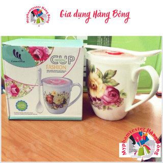 Cốc sứ uống nước kèm thìa và nắp hít chân không 300ml