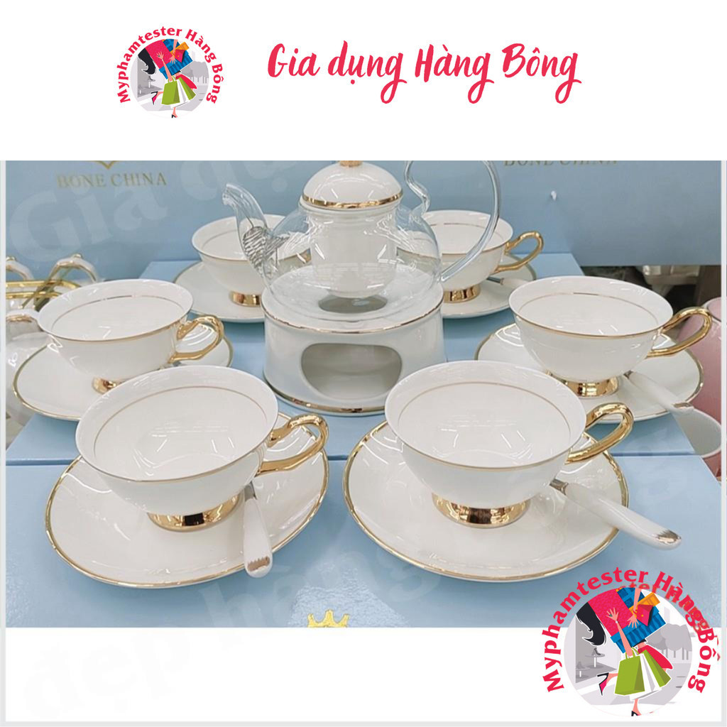 BỘ ẤM CHÉN SỨ XƯƠNG KÈM BẾP CHÂM TRÀ MÀU TRẮNG VIỀN VÀNG CAO CẤP