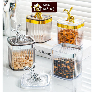 Lọ nhựa Mica | Lọ decor nắp thỏ đựng phụ kiện  - tăm | Hũ đựng tăm xỉa răng, gia vị có doăng kín hơi cao cấp Decor