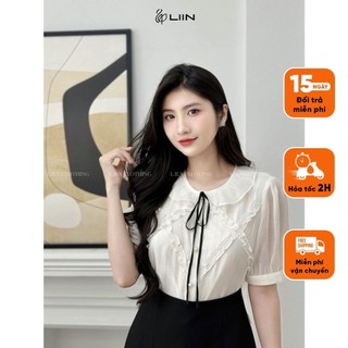 Áo Kiểu Nữ Liin Clothing Màu Trắng Phối  Bèo Ngực Cổ Nơ Chất Liệu Crep Thoáng Mát AKC708