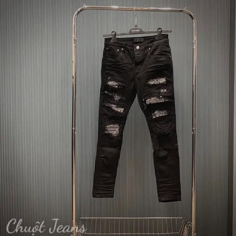 Quần Jeans Nam Amiri Màu Đen Vá Đá Trắng Chất Liệu Co Dãn 4 Chiều Ôm Dáng