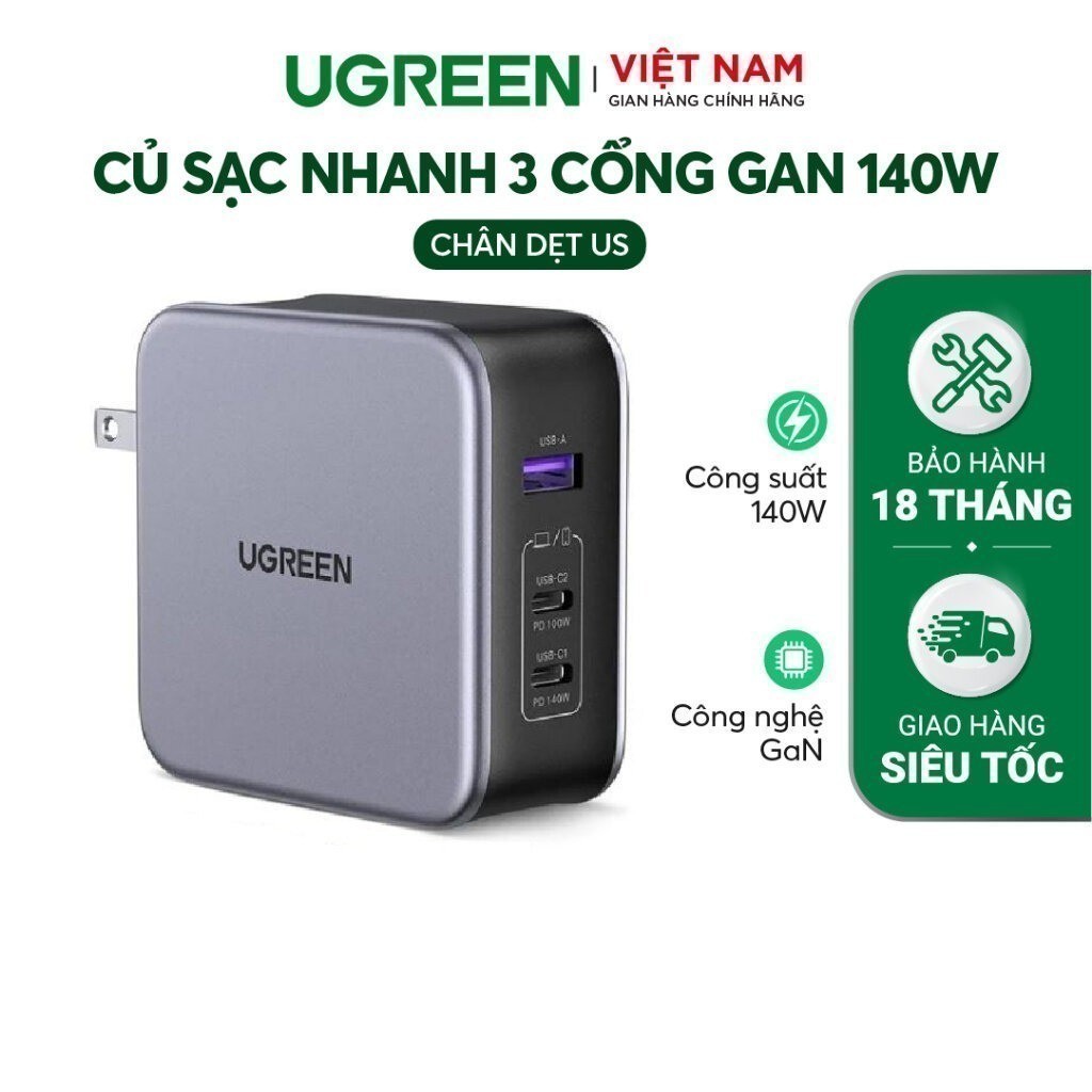 Củ sạc máy tính/ điện thoại, sạc nhanh UGREEN 140W CD289 adapter Nexode|GaN|3 cổng USB PD 3.1 QC 4.0 3.0 |BH 18 tháng