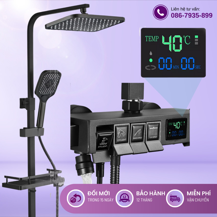 Bộ vòi hoa sen 4 nút bấm Hiển thị nhiệt độ qua màn hình LED thế hệ mới - Màu đen