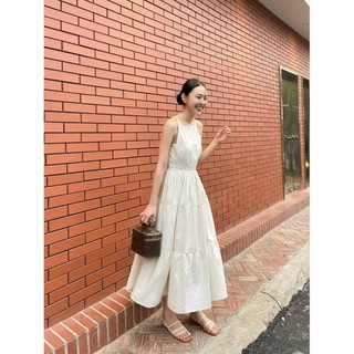 Đầm hai dây linen cổ bầu dáng maxi tùng xoè