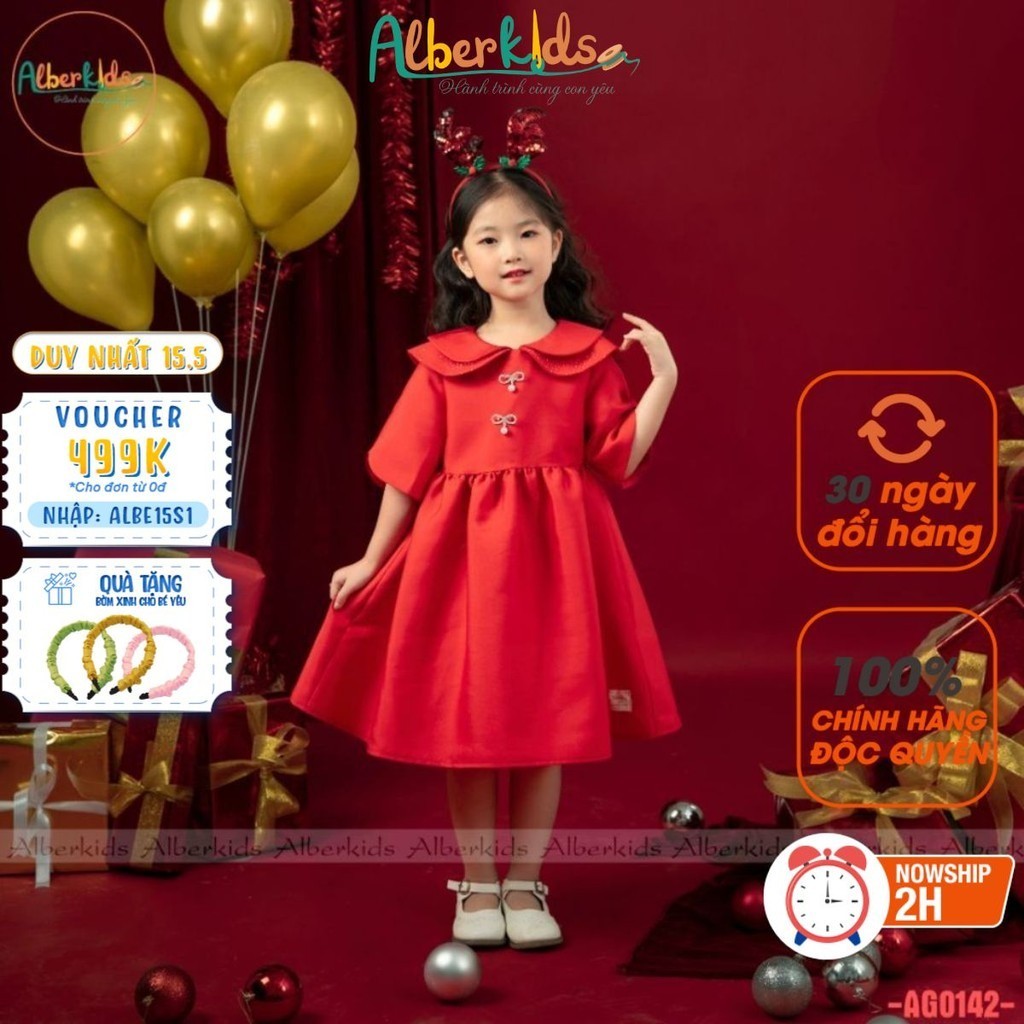 Váy bé gái ALBERKIDS cổ cánh sen đính nơ ngọc công chúa đỏ xinh đẹp cho trẻ em 2,3,4,5,6,7,8,9,10,11,12 tuổi [AG0142]