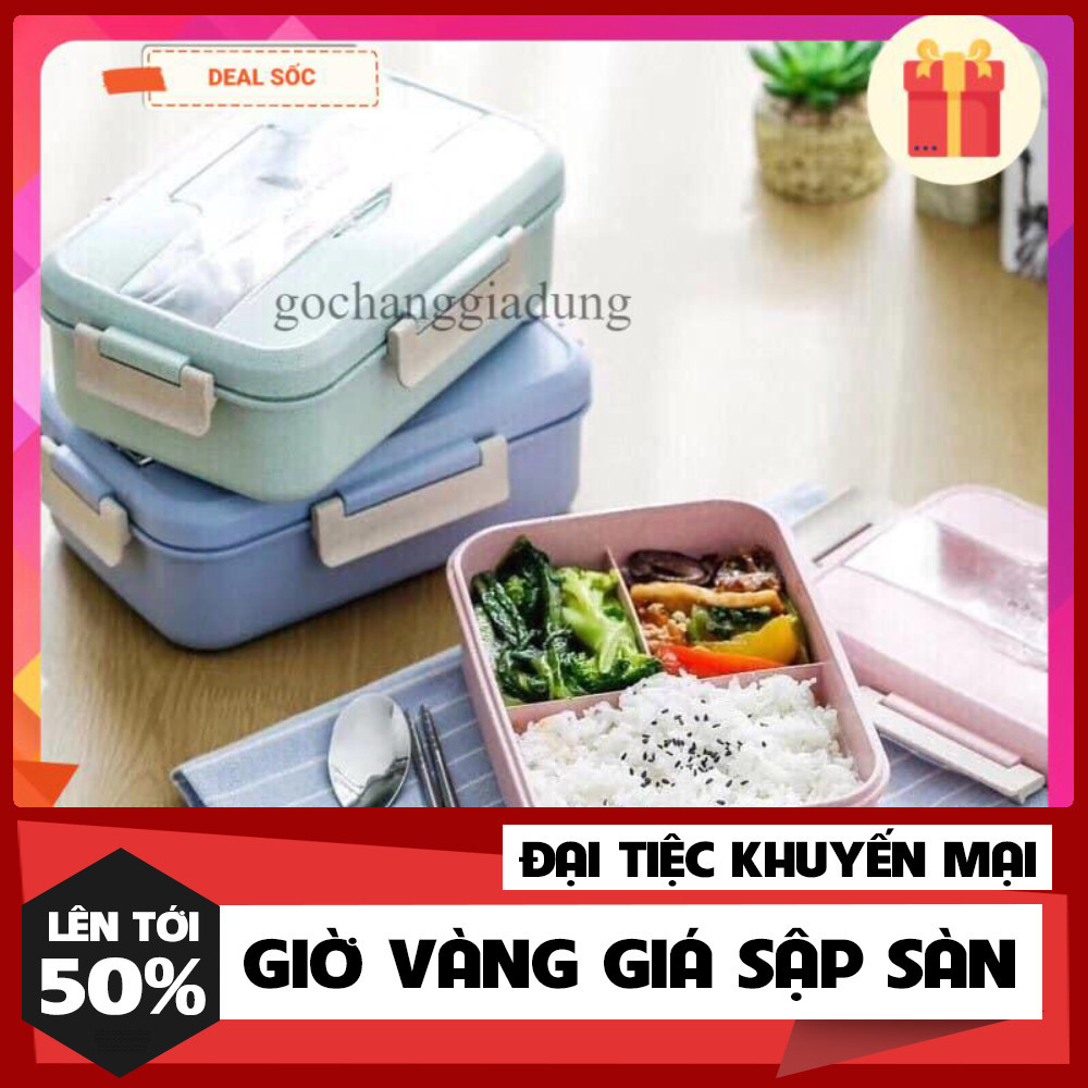 Hộp cơm lúa mạch 3 ngăn kèm đũa thìa inox