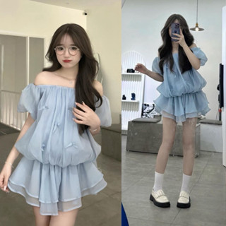 Đầm Váy trễ vai nhún eo tay bồng vải tơ tằm non45-65KG đính nơ 3D hồng xanh jumpsuit bigsize chân váy xoè babydoll