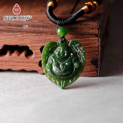 Mặt dây chuyền lá bồ đề khắc phật Di Lặc ngọc bích nephrite 25*28mm MP157 - Ngọc Quý