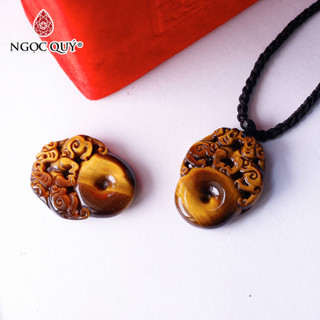  Mặt dây chuyền cặp tỳ hưu tọa đồng điếu đá mắt hổ vàng nâu - Ngọc Quý 
