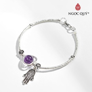 Vòng tay bạc 1 hạt TA tím phối charm bàn tay hamsa bạc - Ngọc Quý
