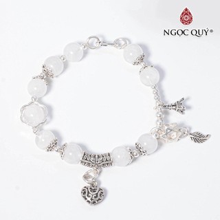 Vòng tay đá TA ưu linh trắng phối charm trái tim bạc - Ngọc Quý