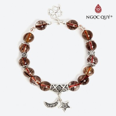 Vòng thạch anh tóc nâu đỏ phối charm cỏ 4 lá S925 hạt 9mm Mẫu VC0628 - Ngọc Quý