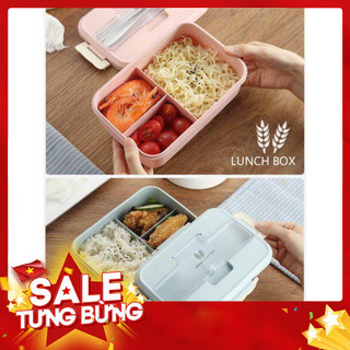 Hộp cơm lúa mạch 3 ngăn kèm đũa thìa inox