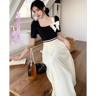 Hàng nhập - Đầm dáng xòe thun phối tafta kết nơ cổ, váy xòe Quảng Châu tay ngắn cổ vuông 1252024
