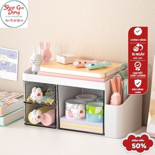 Kệ đựng bút đồ dùng học tập hộp lưu trữ văn phòng phẩm để bàn học sinh dễ thương 3 ngăn kéo và 1 ngăn cắm đồ tai thỏ..