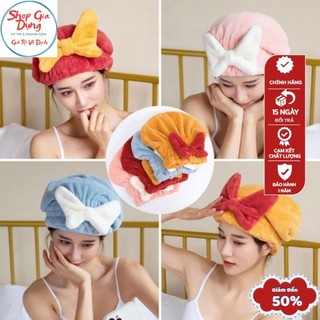 Mũ quấn khô tóc, mũ trùm đầu hình nơ to chất liệu san hô thấm hút tốt tiện lợi cho nữ