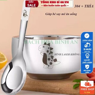 Tô Inox 304 Kèm Thìa Họa Tiết Hoạt Hình Đựng Thức Ăn Cho Bé Chống Bỏng Tiện Dụng, Set Bát Ăn Dăm Bằng INOX 304 Cao Cấp..