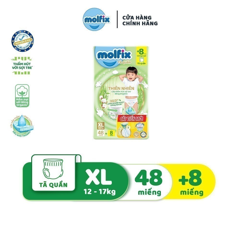 Tã/bỉm quần Molfix Thiên nhiên Super Jumbo XL (12kg - 17kg) - C1 - Gói 48+8 miếng