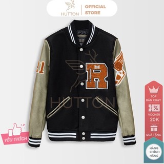 Áo Varsity HUTTON Dạ Đen Thêu R Tay Da Màu Rêu
