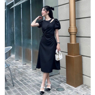 Váy dự tiệc công sở nhún eo khoét vai tay phồng sang trọng Basic
