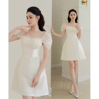 Váy trắng trễ vai dự tiệc tiểu thư hoa nổi sang trọng