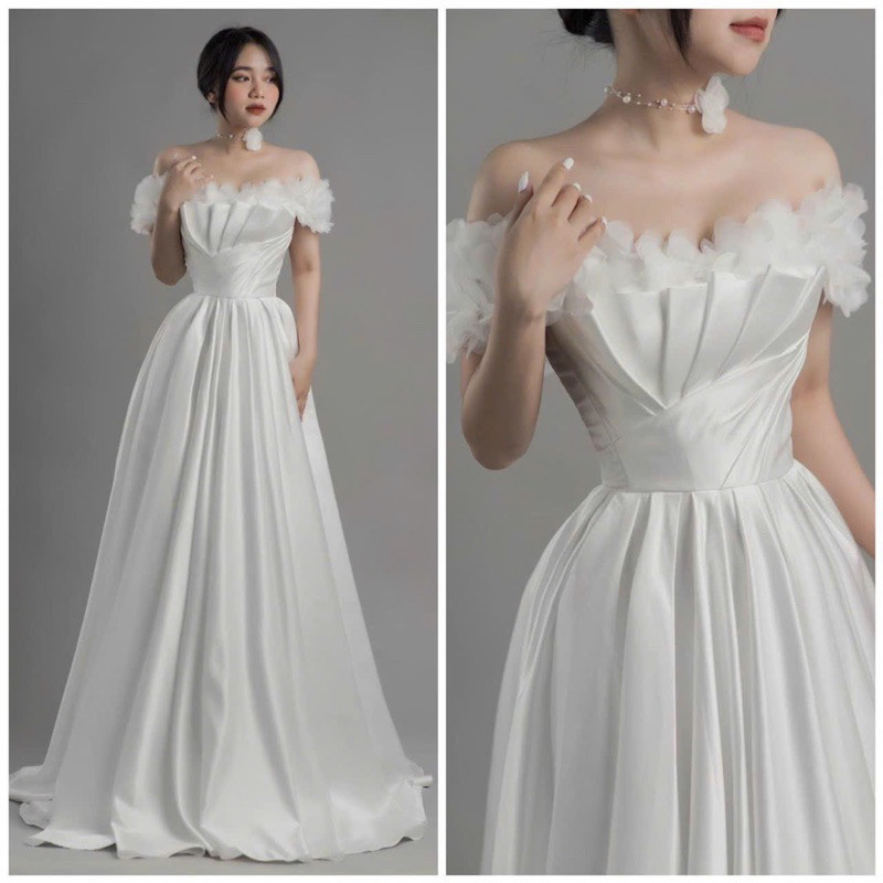 Váy trắng váy cưới cô dâu đi bàn trễ vai kết hoa xếp ly eo sang trọng Snowny