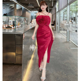 Đầm dự tiệc thiết kế cao cấp xẻ tà hai dây hoa Miana