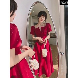 Váy trắng tiểu thư cổ kết ngọc sang trọng nơ lưng