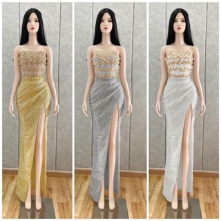 Đầm dạ hội dự tiệc cúp ngực đính đá xẻ đùi cao cấp chất nhũ kim tuyến