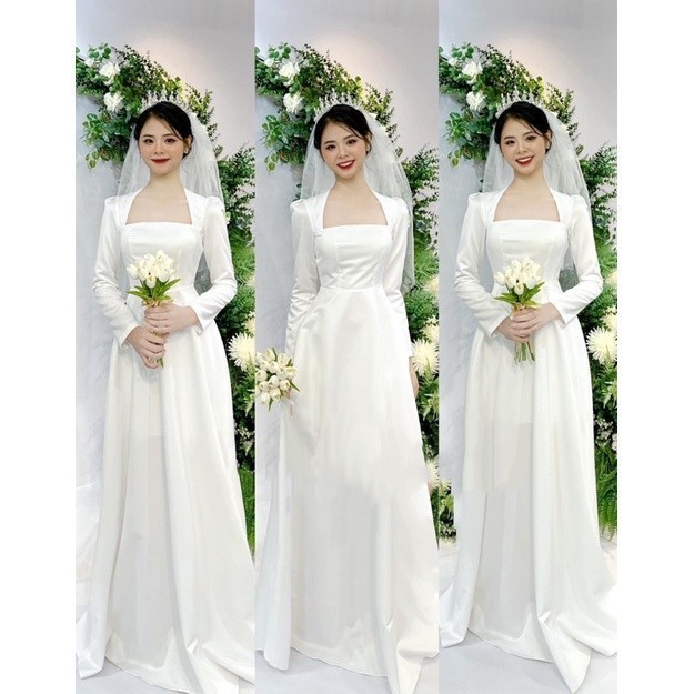 váy trắng maxi tay dài cô dâu đi bàn đơn giản sang trọng nhẹ nhàng Julani