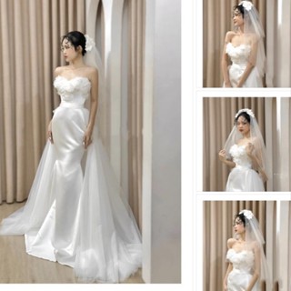  váy trắng dự tiệc váy cưới cô dâu đi bàn chụp ảnh cưới đuôi cá tùng voan xoè sang trọng mặc 2 kiểu 